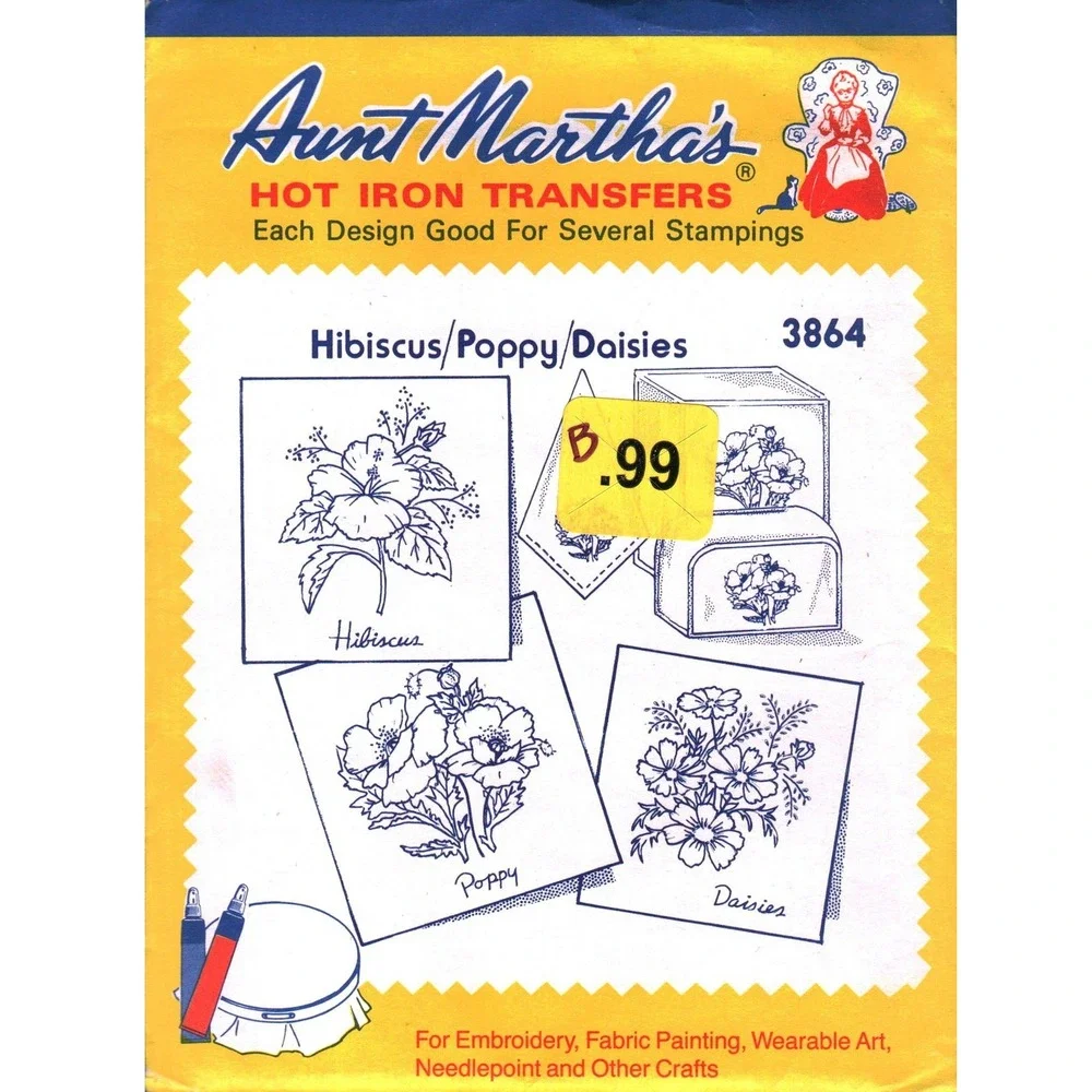 Aunt Martha's Hot Iron Transfers 3864 Hibiscus Poppy Daisies‎ Floral Embroidery